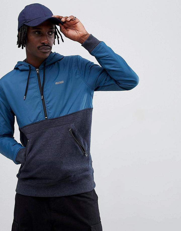 Globe Half Zip Nylon Panel Hoodie With Chest Logo In Blue - Blue