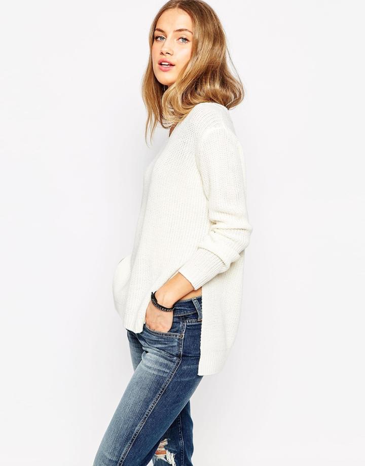 Asos Ultimate Chunky Sweater With V-neck And Side Splits - Cream