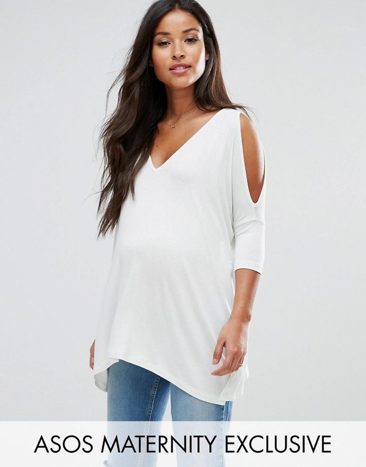 Asos Maternity Oversized Cold Shoulder Top With Asymmetric Hem - White