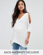Asos Maternity Oversized Cold Shoulder Top With Asymmetric Hem - White