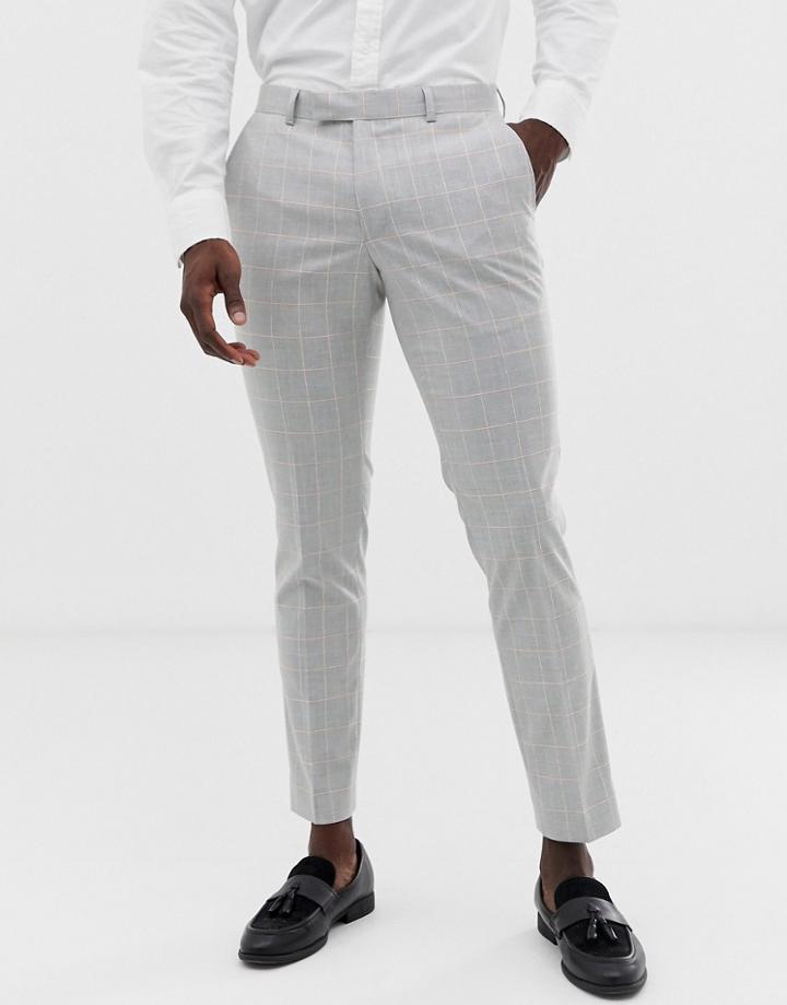 Moss London Slim Suit Pants In Gray Windowpane Check With Stretch - Gray