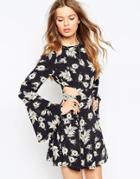 Asos Cut Out Mono Flared Sleeve Dress - Print