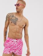 Asos Design Swim Shorts In Neon Pink Tiger Print Short Length-multi
