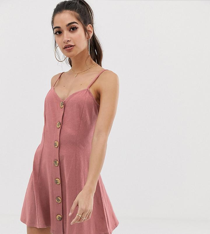 Asos Design Petite Exclusive Mini Slubby Cami Swing Dress With Faux Wood Buttons-pink