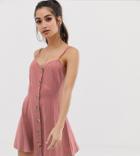 Asos Design Petite Exclusive Mini Slubby Cami Swing Dress With Faux Wood Buttons-pink