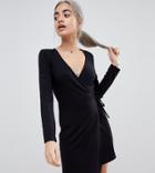 Asos Design Petite Mini Wrap Dress With Long Sleeve - Black