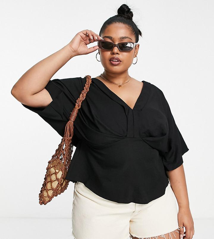 Asos Design Curve Tuck Detail Kimono Smock Top In Black