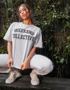 Asos Weekend Collective Oversized T-shirt With Varsity Print In Ice Heather-grey