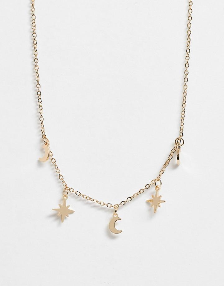 Asos Design Fine Chain Choker Necklace With Moon And Star Pendants In Gold Tone