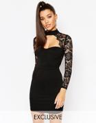 Naanaa High Neck Lace Dress With Sweetheart Plunge - Black