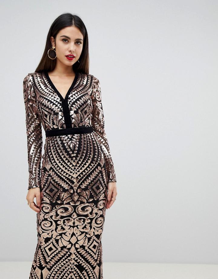 Goddiva Sequin Embellished Plunge Maxi Dress In Back And Gold - Multi