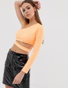 Asos Design Rib One Shoulder Long Sleeve Top With Cut Out In Neon Orange - Orange