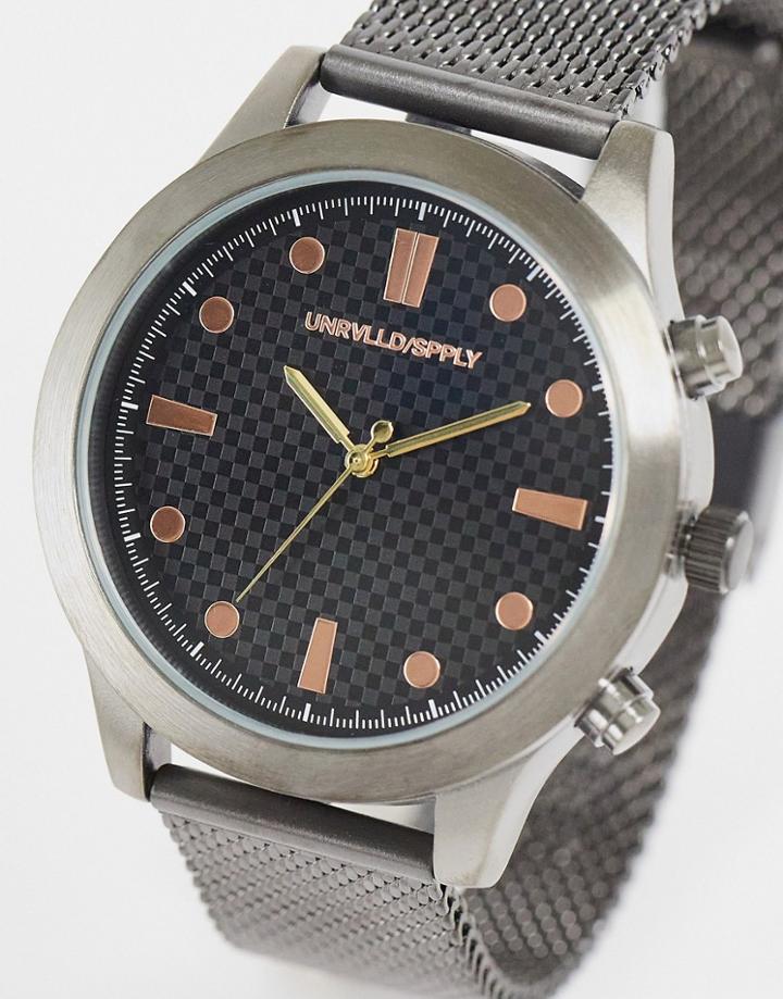Asos Design Bracelet Watch With Black Face And Mesh Strap With Gunmetal
