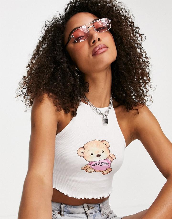 Asos Design Halter Top With Retro Bear Graphic Print With Lettuce Hem-white