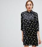Influence Tall Shift Dress With Mandarin Collar Detail In Satin Buttercup Floral - Black