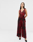 Unique21 Red Leopard Print V Neck Jumpsuit With Tie Belt - Multi