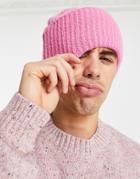 Asos Design Lambswool Rib Beanie With Deep Turn-up In Pink