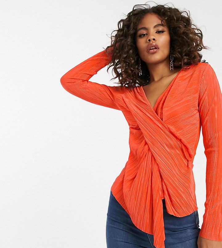 Asos Design Tall Long Sleeve Plisse Top With Drape Twist Front In Orange