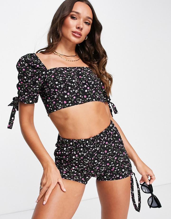The Frolic Tabitha Beach Short In Black Floral - Part Of A Set-multi