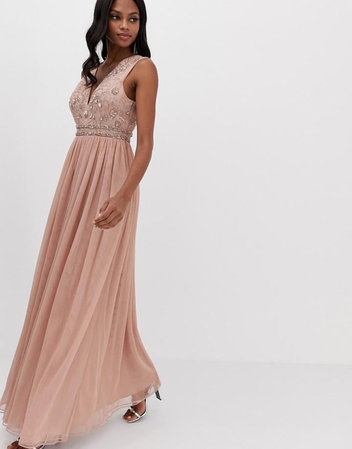 Asos Design Maxi Dress With Embellished Bodice And Tulle Skirt-pink