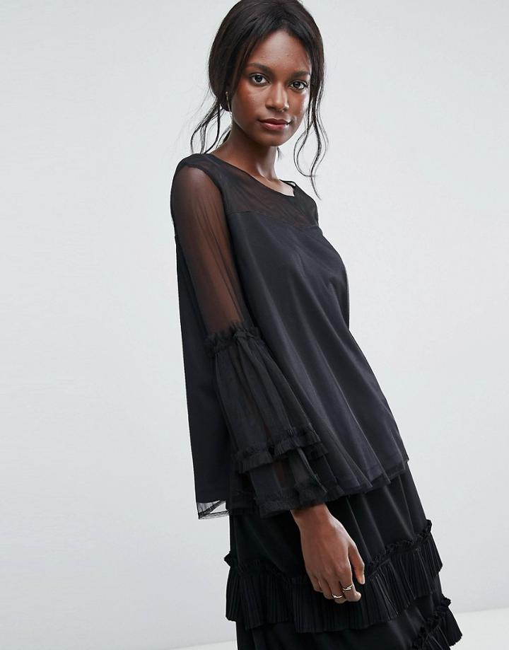 Lace & Beads Dobbie Mesh Sheer Top With Exaggerated Sleeve - Black
