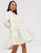 Sister Jane Tiered Mini Dress In Gold Star Jacquard - Cream