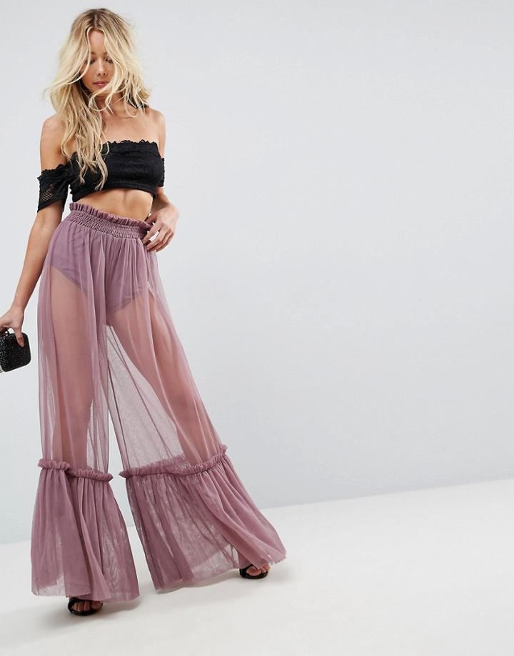 Asos Wide Leg Pant With Ruffle Hems - Purple