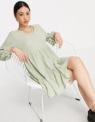 Mango Mini Tiered V-neck Smock Dress In Light Sage-green