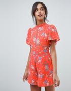 Oasis Romper With Ruffle Sleeves In Orange Floral Print - Multi