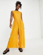 Asos Design Linen Smock Tie Back Jumpsuit In Mustard-yellow