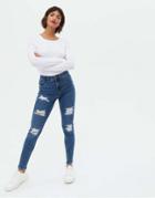 New Look Ripped Skinny Jeans In Mid Blue-blues