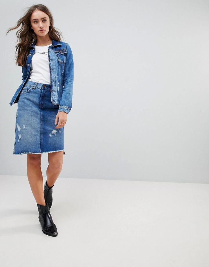 Pepe Jeans Contrast Denim Chewed Skirt - Blue