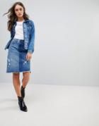 Pepe Jeans Contrast Denim Chewed Skirt - Blue