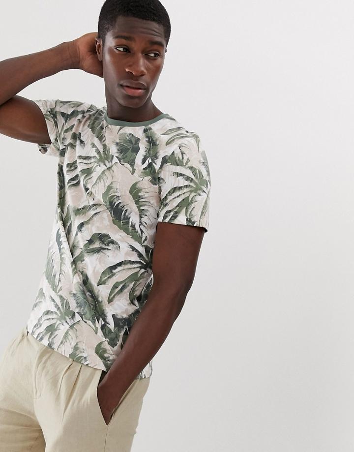 Selected Homme Leaf Printed T-shirt In Green - Navy