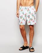 Asos Mid Length Swim Shorts With Tropical Flamingo Print - Multi