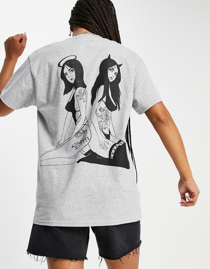Heartbreak Angel Devil Back Print Graphic T-shirt-grey