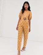 Asos Design Polka Dot Jacquard Jumpsuit With Puff Sleeve And Belted Waist - Multi