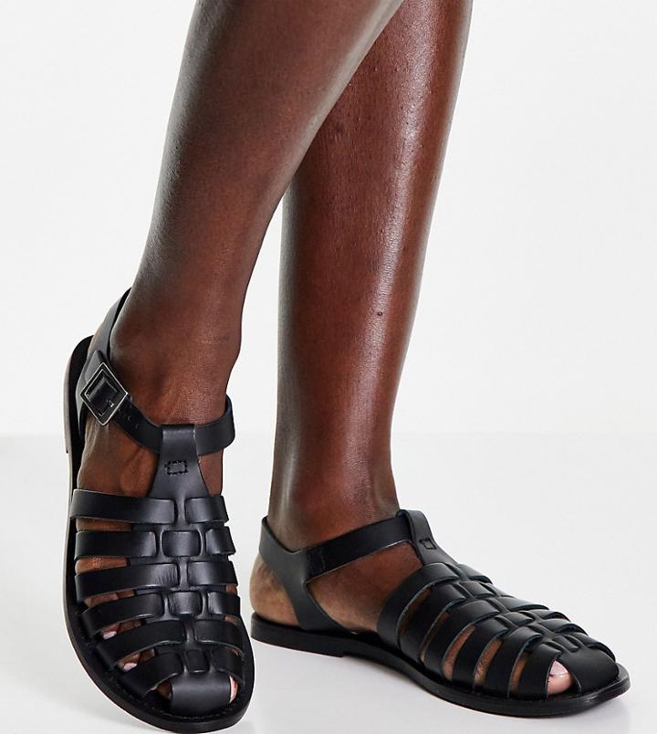 Asos Design Wide Fit Marina Leather Fisherman Flat Shoes In Black