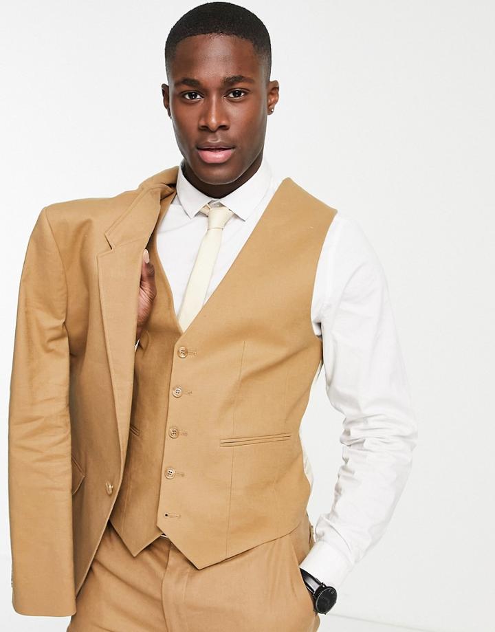 Asos Design Skinny Linen Mix Suit Vest In Tobacco-brown