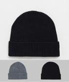Asos Design 2 Pack Fisherman Beanie In Gray And Black Save-multi