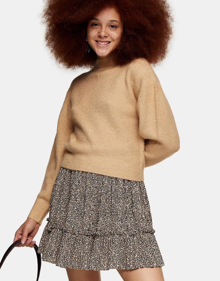 Topshop Crop Chevron Stitch Sweater In Camel-brown