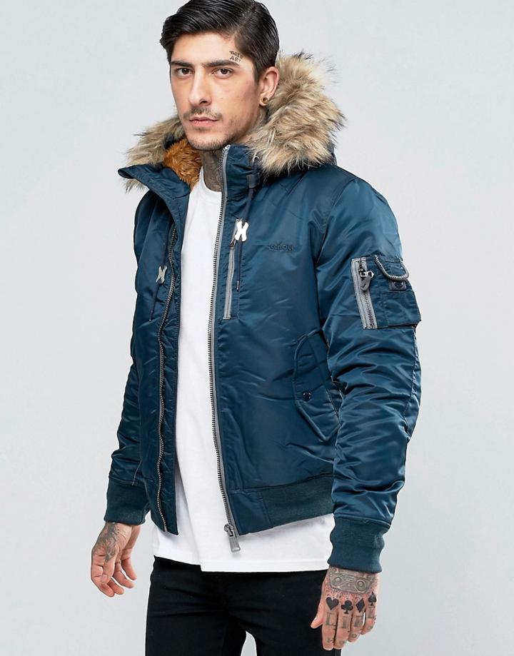 Schott Nylon Hooded Bomber Detatchable Faux Fur Trim - Navy