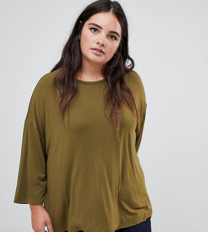 Asos Design Curve Top With 3/4 Sleeves In Drapey Fabric In Khaki - Green