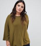 Asos Design Curve Top With 3/4 Sleeves In Drapey Fabric In Khaki - Green