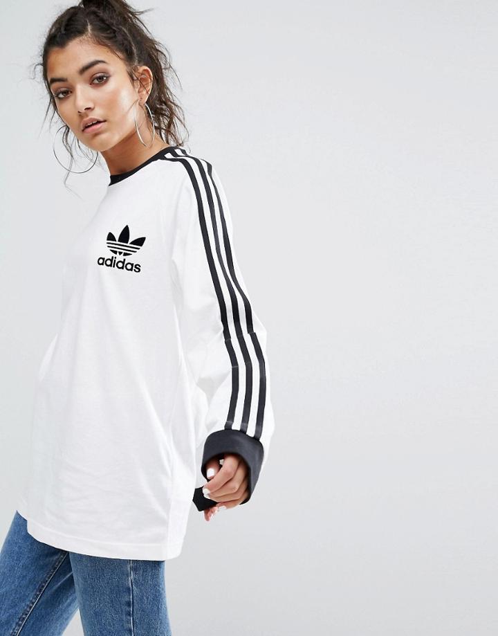 Adidas Originals White Three Stripe Long Sleeve T-shirt - White