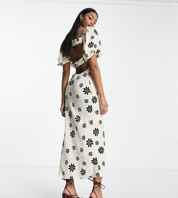 Asos Design Tall Square Neck Midi Dress With Elastic Detail In Cream And Black Floral Print-multi