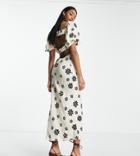 Asos Design Tall Square Neck Midi Dress With Elastic Detail In Cream And Black Floral Print-multi