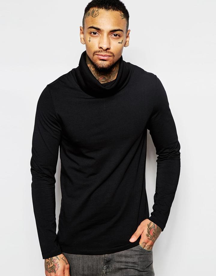 Asos Muscle Long Sleeve Top With Funnel Neck In Black - Black