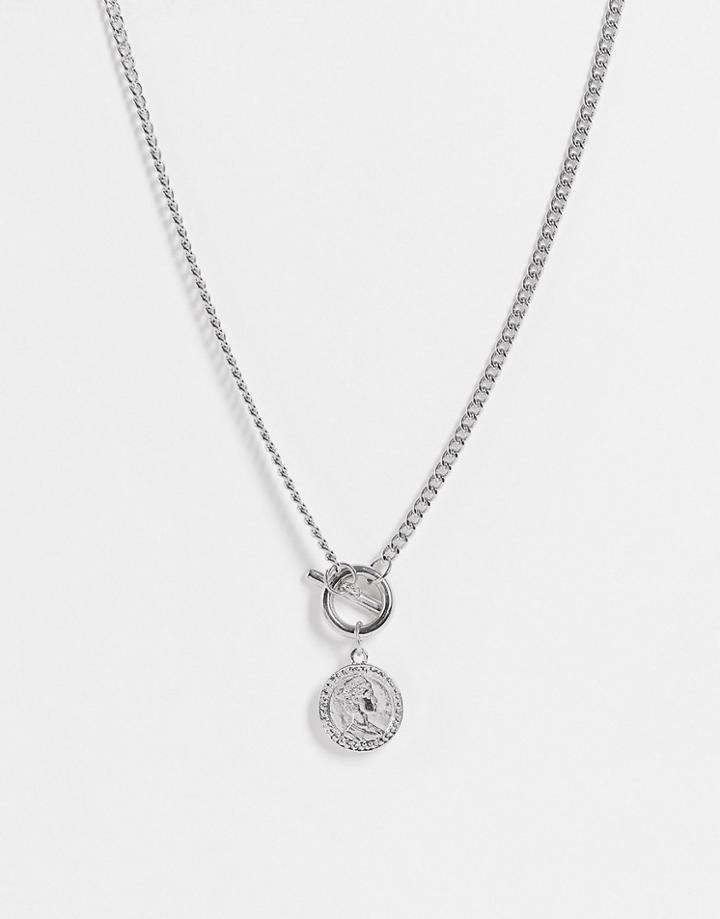 Svnx T Bar Necklace With Coin Charm In Silver