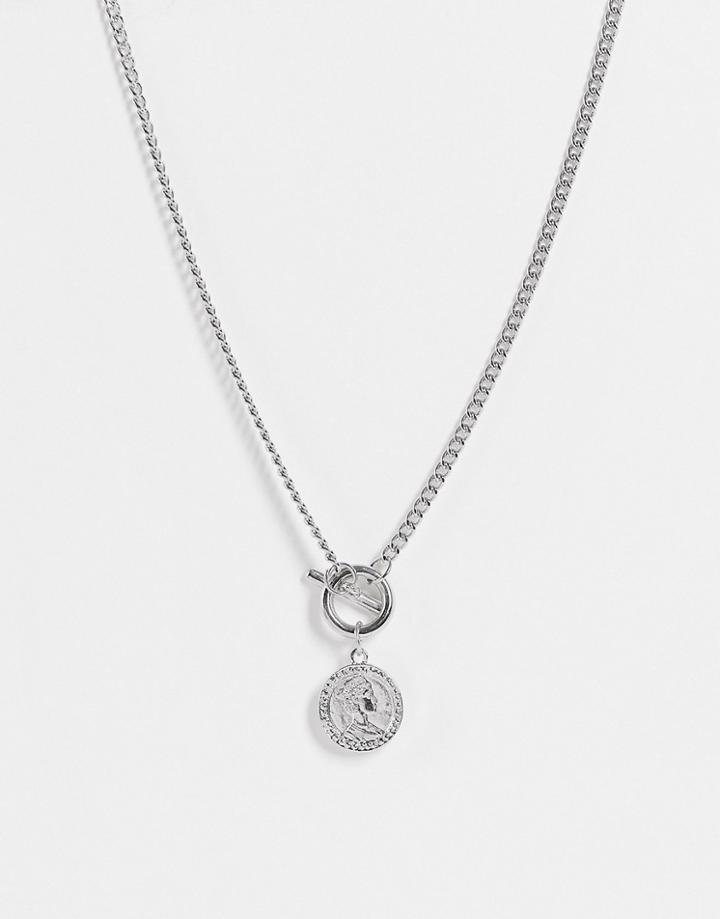 Svnx T Bar Necklace With Coin Charm In Silver